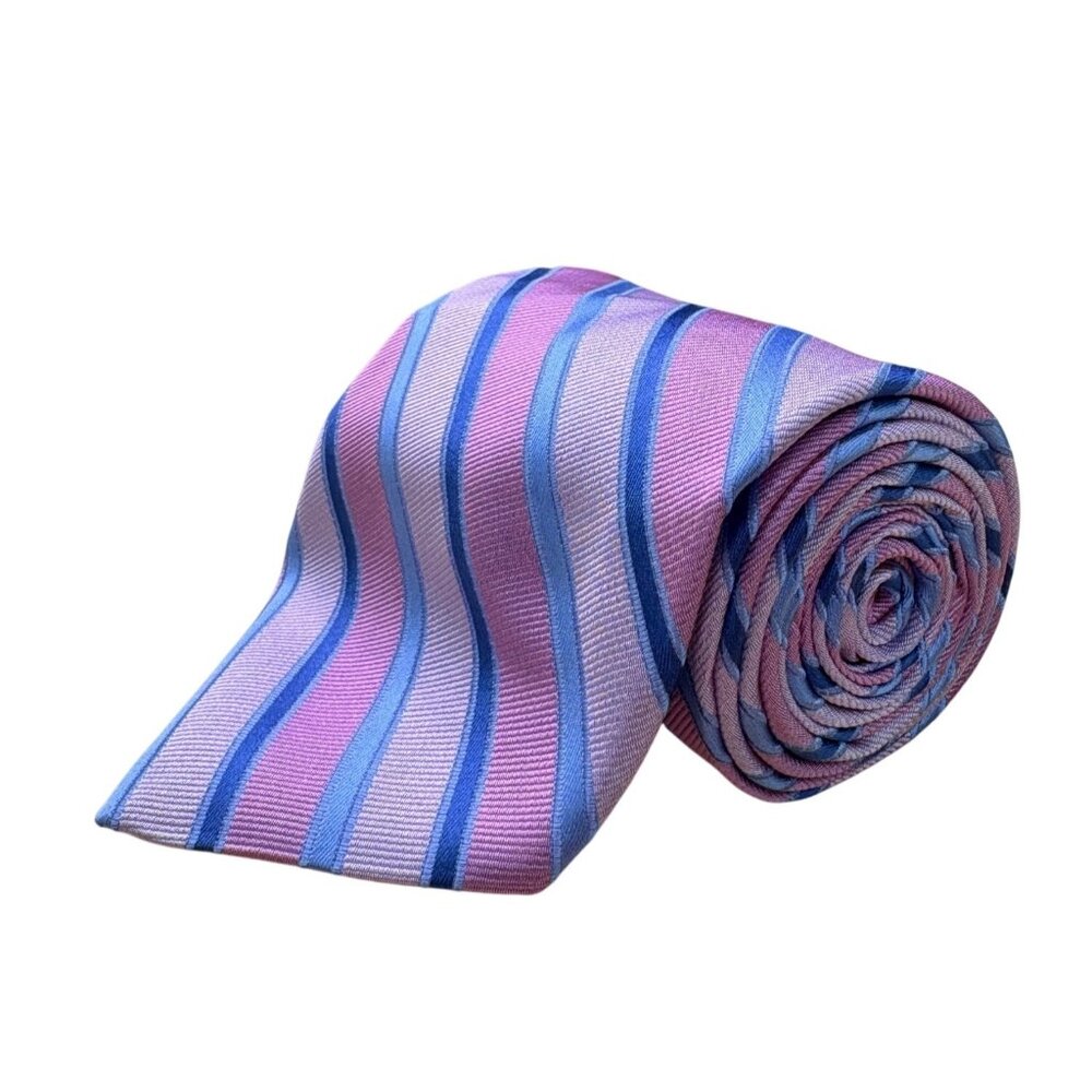 Corporate Image Mens Pink Blue Silk Striped Necktie All Silk Accessory